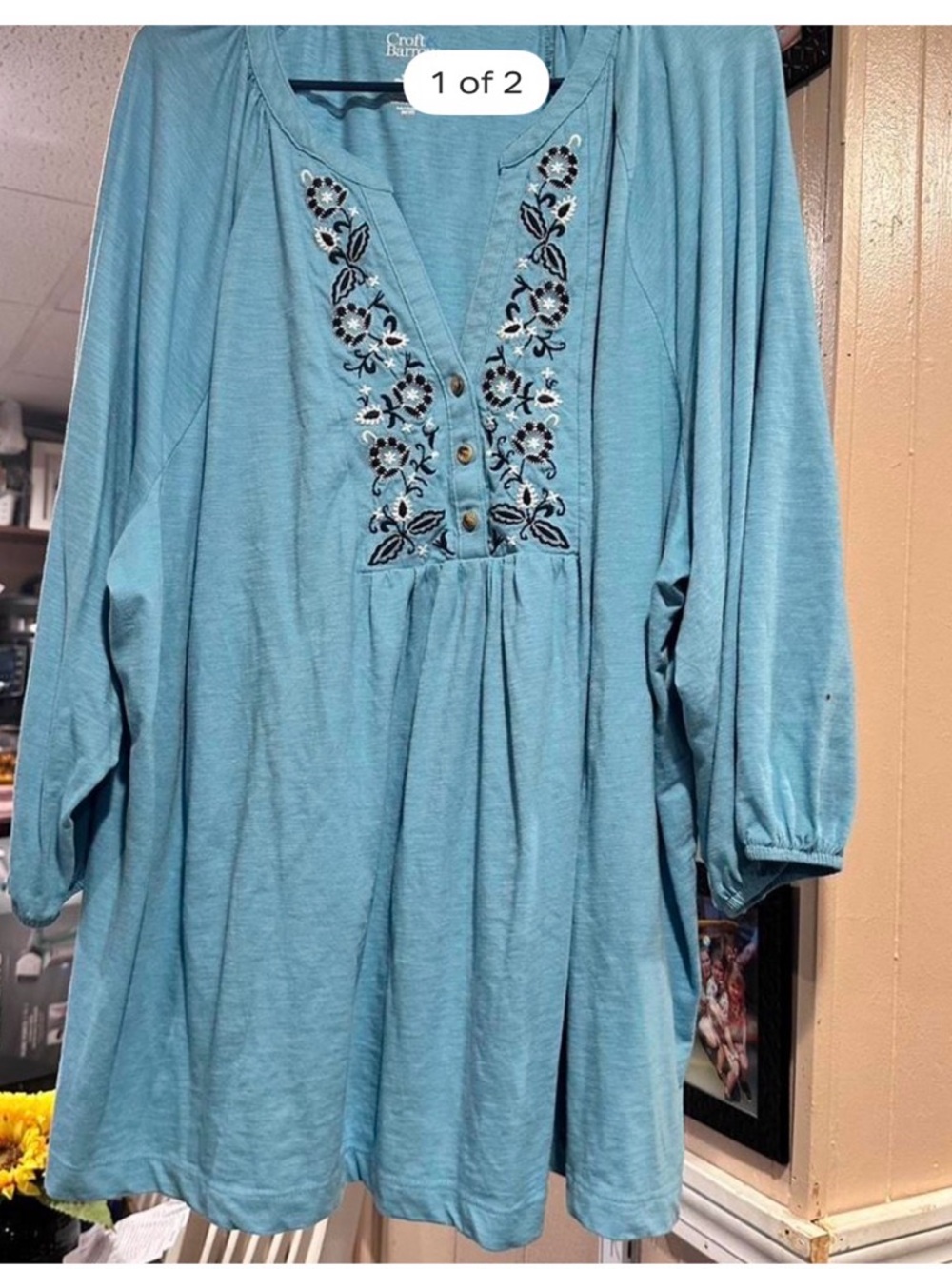 croft & barrow Light Teal Embroidered V-Neck Tunic
